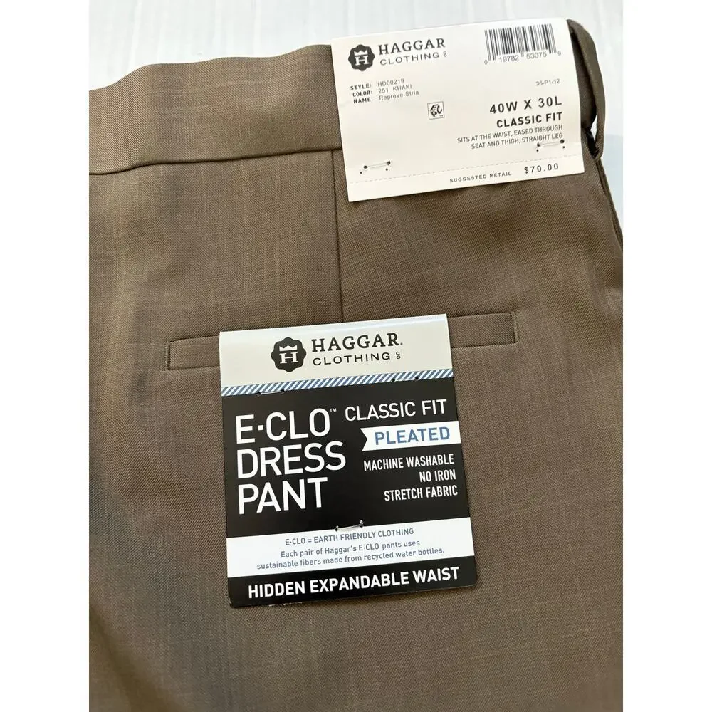 Haggar Men's E-CLO Repreve Stria Pleat Front Dress Pant Khaki Size 40W x 30L 70